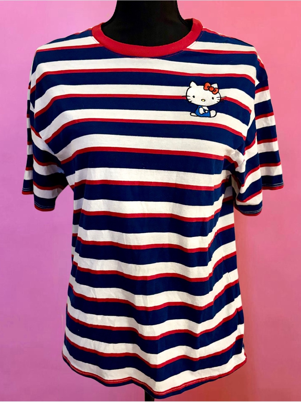 Hello Kitty Striped Red, Blue, White T-Shirt - Size Medium